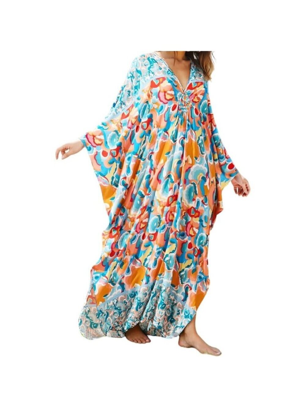 Women Blue Orange Floral V-neck Batwing Sleeve Flowy Split Bohemian Kaftan Dress